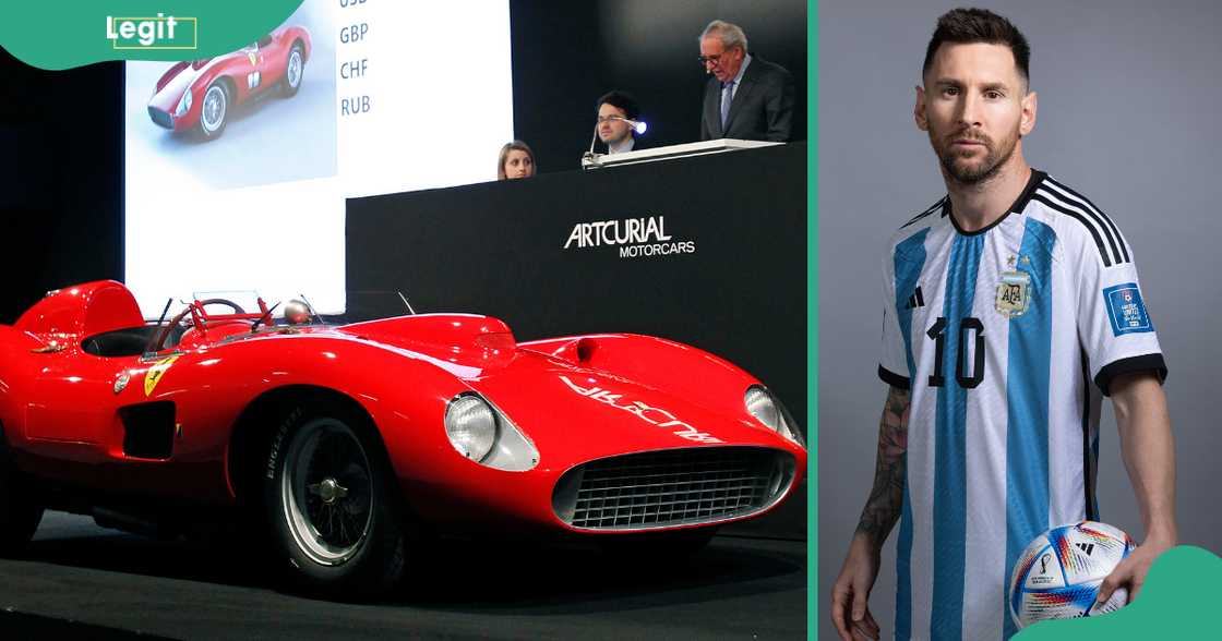 1957 Ferrari 335 S Spider Scaglietti (L) and Lionel Messi (R)