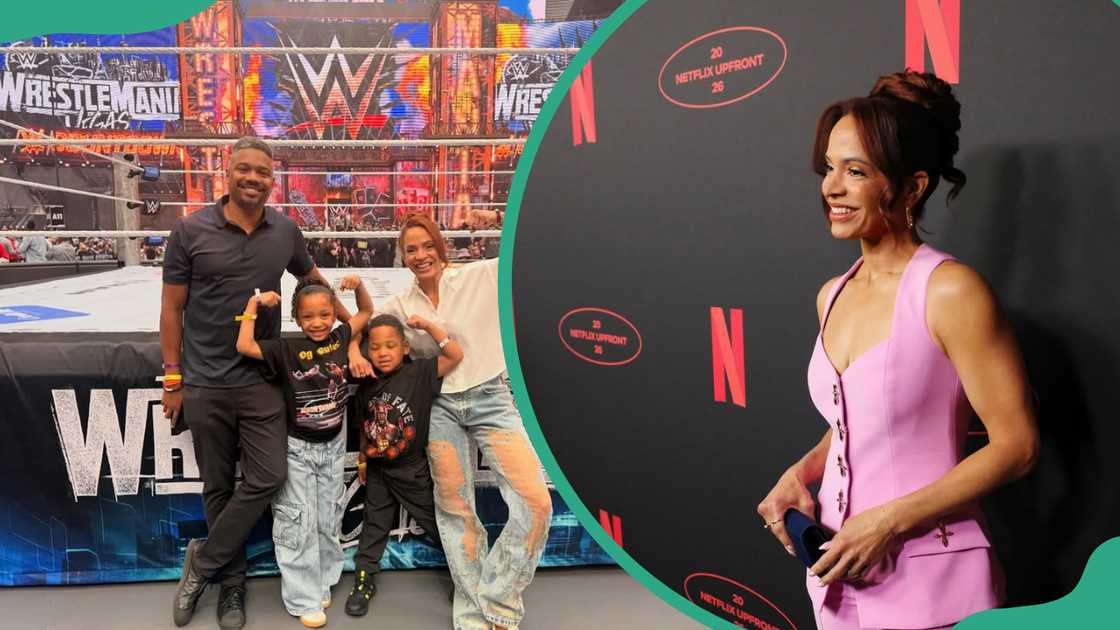 Elle Duncan, her husband and kids take a picture beside a WWE ring