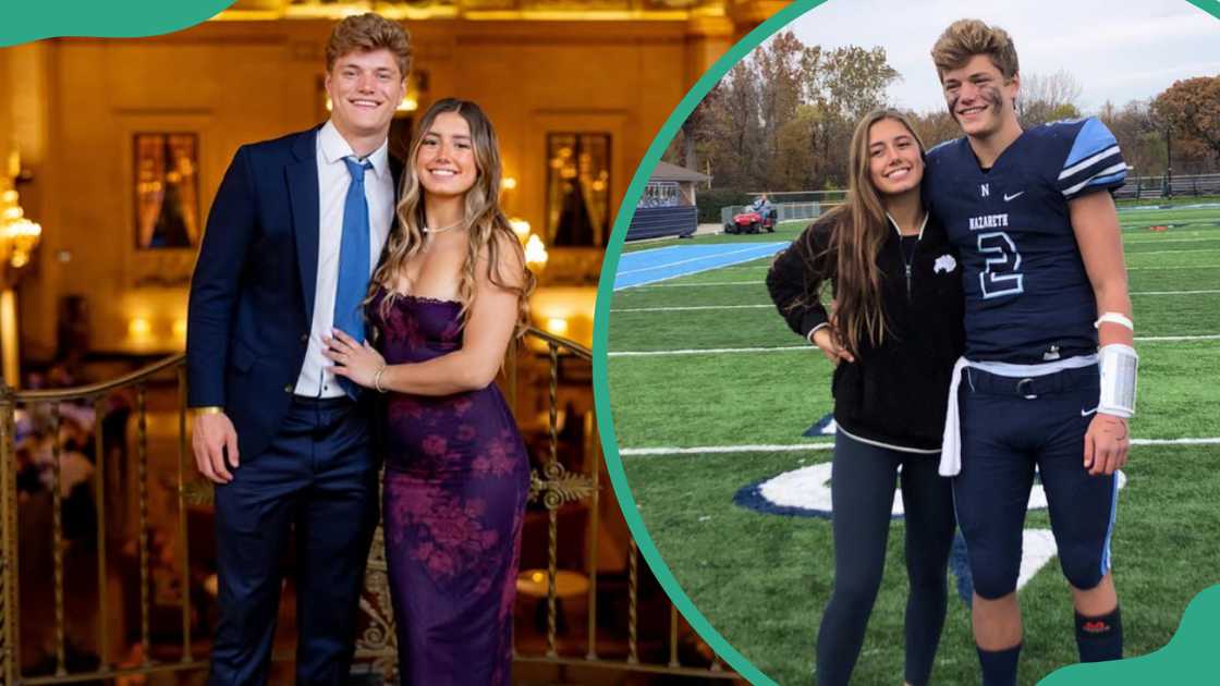 Katya Kuropas and JJ McCarthy at a formal event and on the pitch