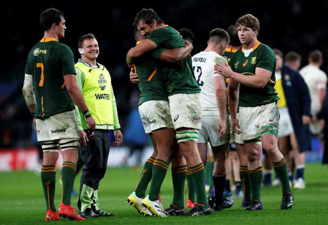 Joy of victory - South Africa player celebrate after a 27-13 win over England at Twickenham