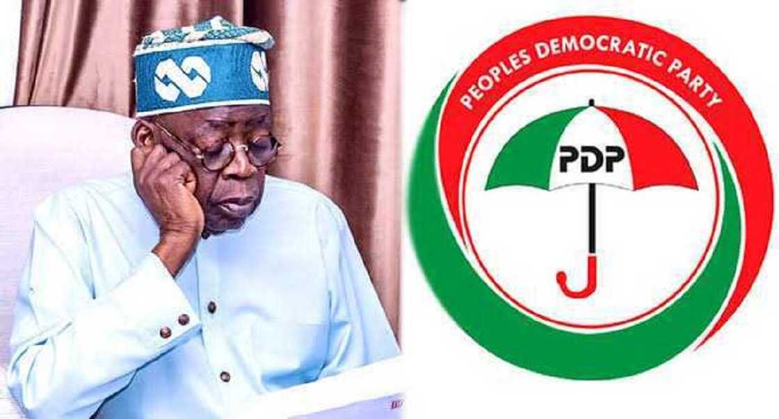 President Bola Tinubu and PDP logo President Bola Tinubu and PDP logo