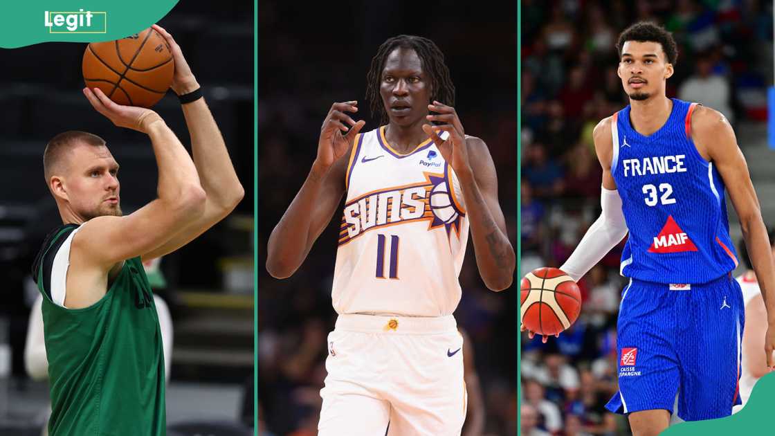 Kristaps Porzingis (L), Bol Bol (C), and Victor Wembanyama (R) are among the tallest active NBA players