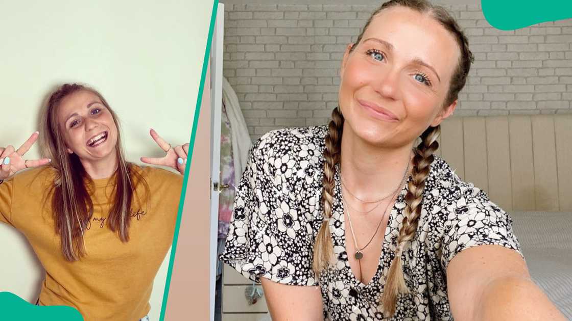 Natalie Hanby posing for different photos wearing a yellow top and a floral dress