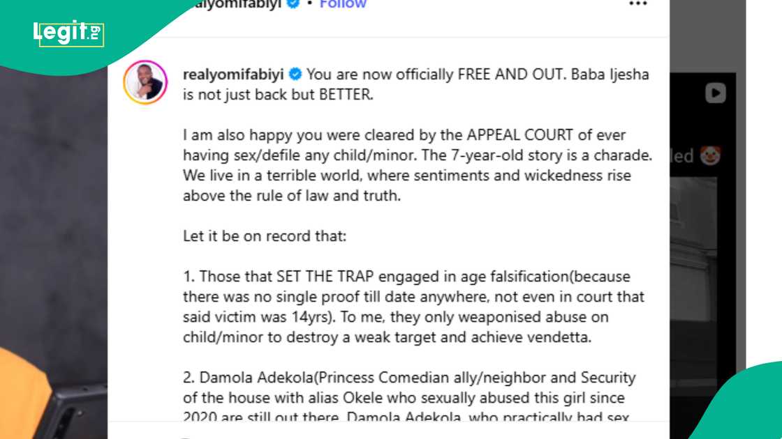 Actor Yomi Fabiyi confirms Baba Ijesha's release from prison. Actor Yomi Fabiyi confirms Baba Ijesha's release from prison.