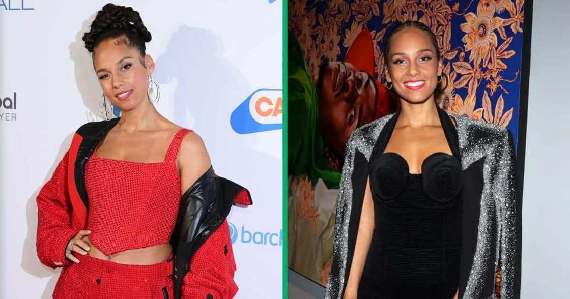 Alicia Keys wore a red ensemble at the Superbowl Halftime Show. Alicia Keys wore a red ensemble at the Superbowl Halftime Show.