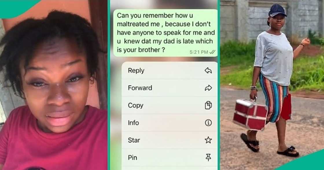 Lady posts her WhatsApp chat with her aunt who maltreated her in 2019. Lady posts her WhatsApp chat with her aunt who maltreated her in 2019.
