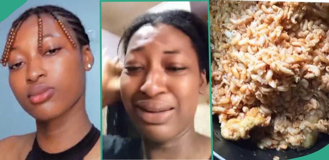 Lady in tears after she overcooked macaroni.