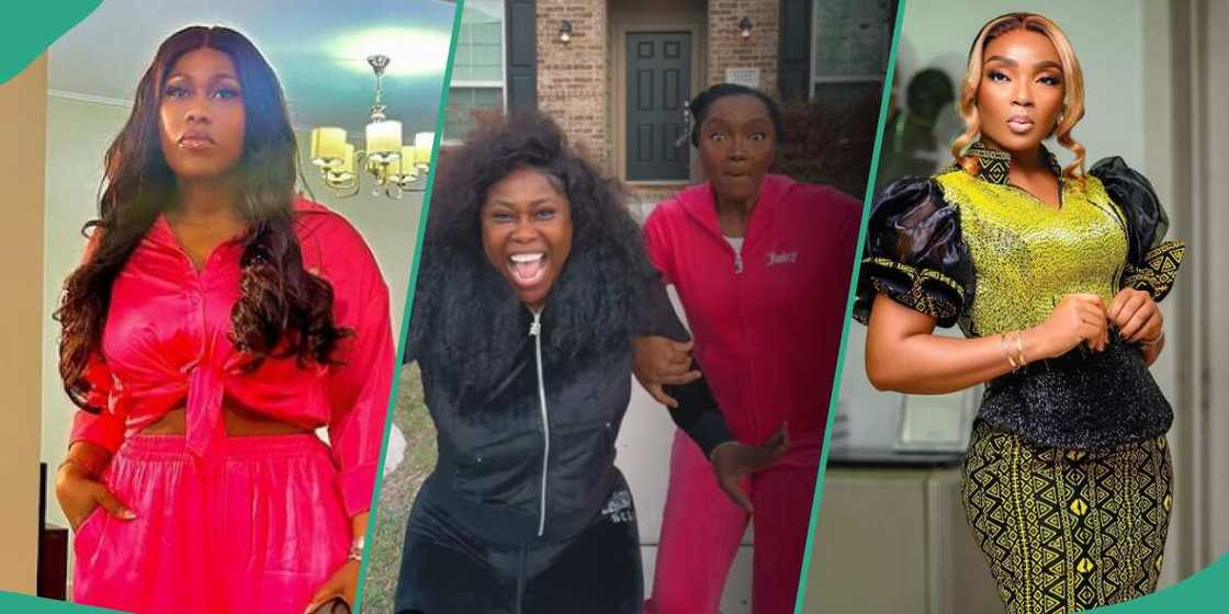 Uche Jombo playfully drags Chioma Akpotha