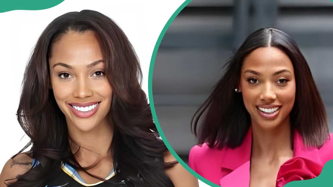 Kysre Gondrezick in a Chicago Sky jersey (L) and a pink suit smiling (R) Kysre Gondrezick in a Chicago Sky jersey (L) and a pink suit smiling (R)