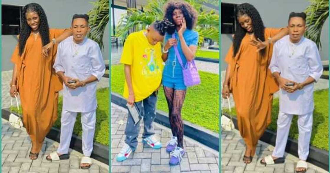 Lady shows off her husband who has a small stature Lady shows off her husband who has a small stature