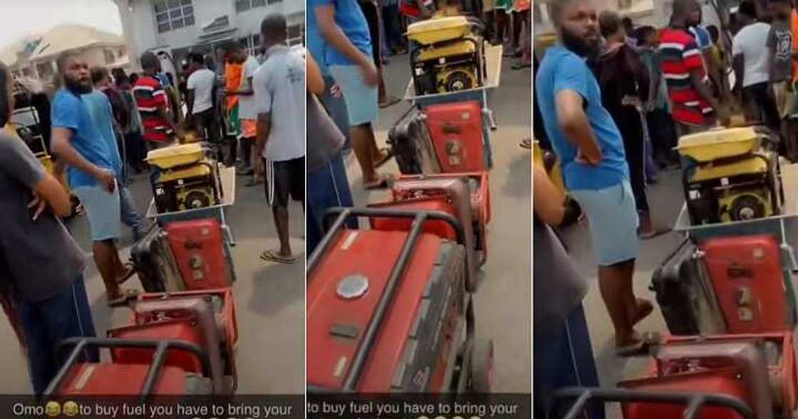 People queue at fuel station with generator