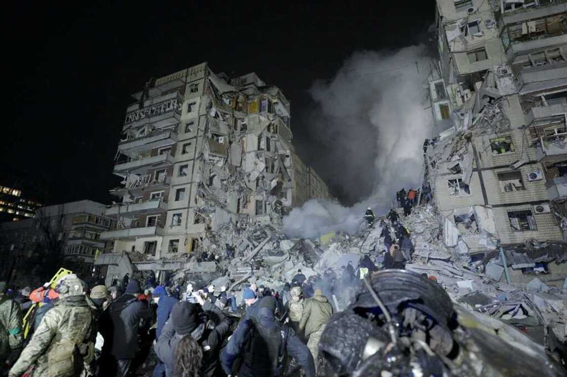 A residential building destroyed after a missile strike in the Ukrainian city of Dnipro on January 14, 2023 A residential building destroyed after a missile strike in the Ukrainian city of Dnipro on January 14, 2023