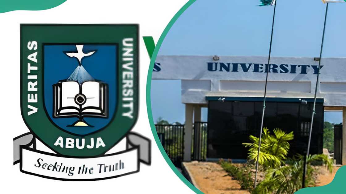 Veritas University logo and section of institution's main gate