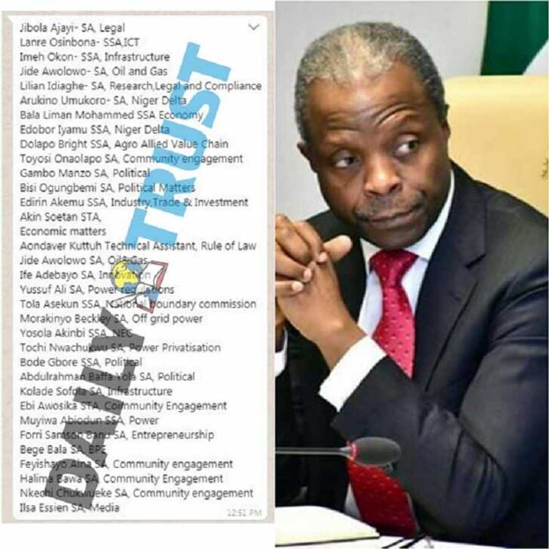 An bankado cikakken sunayen hadimai 35 da Buhari ya fatattaka daga ofishin Osinbajo An bankado cikakken sunayen hadimai 35 da Buhari ya fatattaka daga ofishin Osinbajo