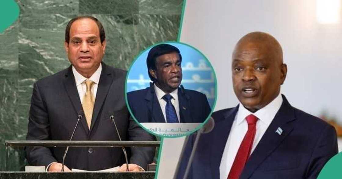 Shugaba Al Sis na Masar, Mokgweetsi Masisi na Botswana da Prithvirajsing Roopun na Mauritius. Shugaba Al Sis na Masar, Mokgweetsi Masisi na Botswana da Prithvirajsing Roopun na Mauritius.