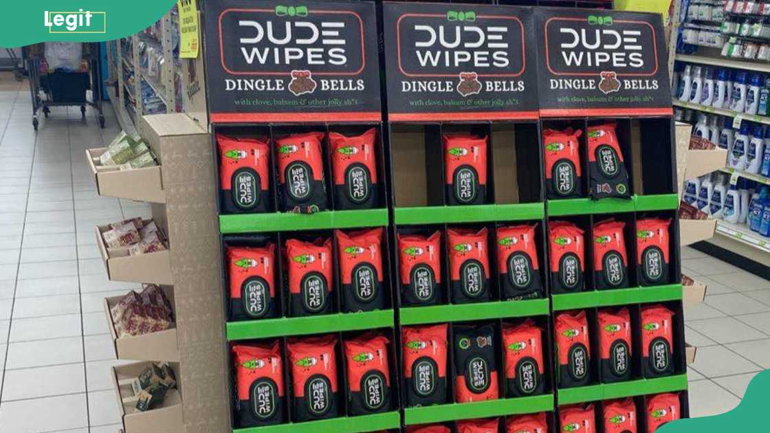Dude Wipes neatly arranged on store shelves