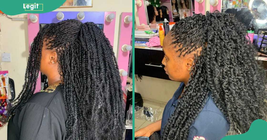 Two women display their micro or micro passion twists hairstyle.