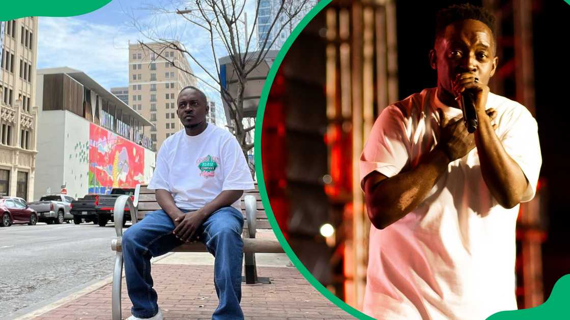 M.I. Abaga sits on a bench on a street and he performs in a white tee M.I. Abaga sits on a bench on a street and he performs in a white tee
