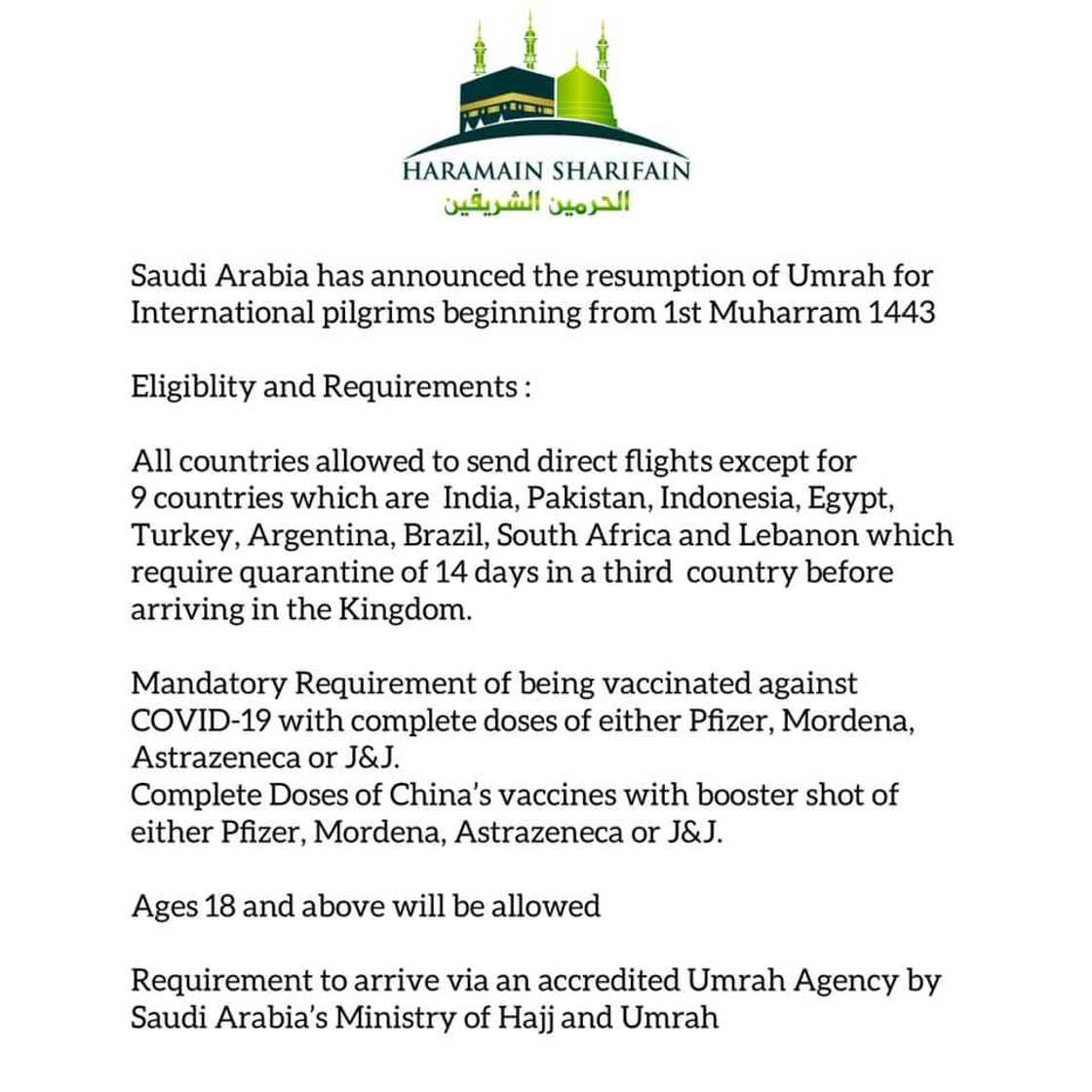 Da Duminsa: Saudiyya ta sanar da ranar da za a fara Umrah na kasashen duniya Da Duminsa: Saudiyya ta sanar da ranar da za a fara Umrah na kasashen duniya