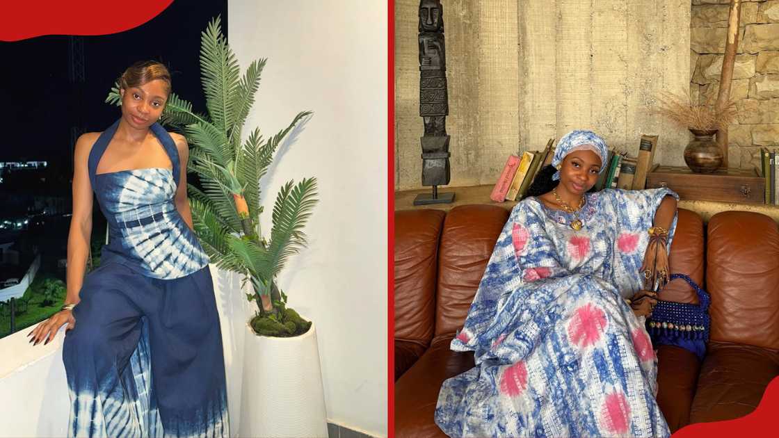 Susan Pwajok wearing a blue and white tie dye halter top and matching pants standing next to a potted plant. The model is in a matching blue and white patterned kaftan and headscarf, sitting on a leather sofa. Susan Pwajok wearing a blue and white tie dye halter top and matching pants standing next to a potted plant. The model is in a matching blue and white patterned kaftan and headscarf, sitting on a leather sofa.