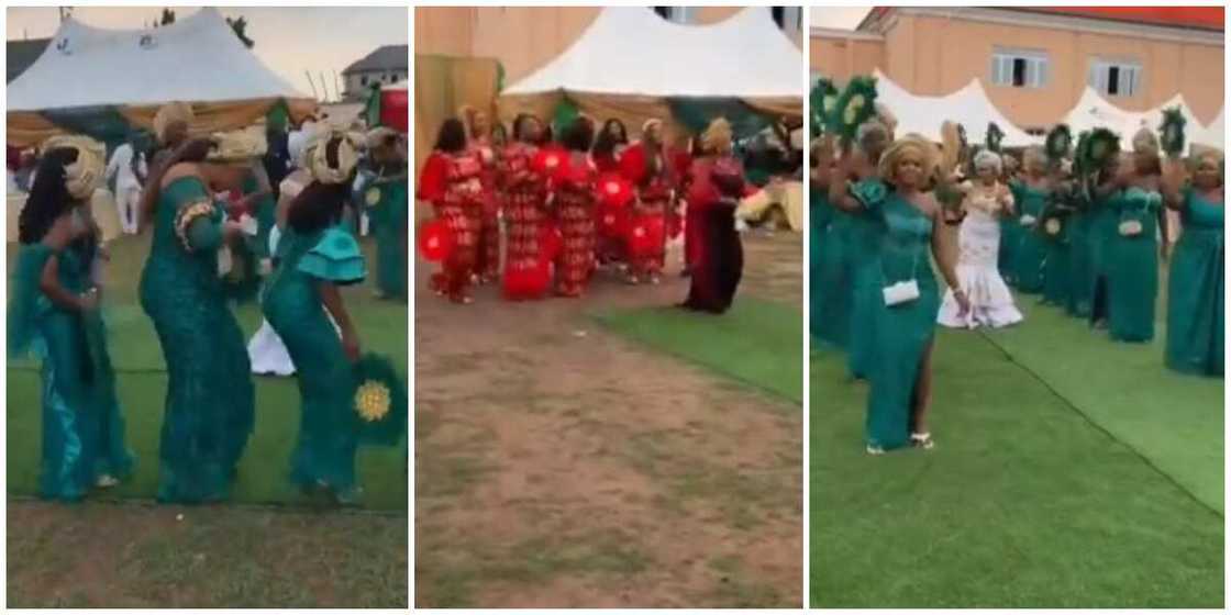 Nigerian Bride 'Scatters' Her Wedding with Choreographic Dance with Bridal Train, Video Causes Stir Nigerian Bride 'Scatters' Her Wedding with Choreographic Dance with Bridal Train, Video Causes Stir