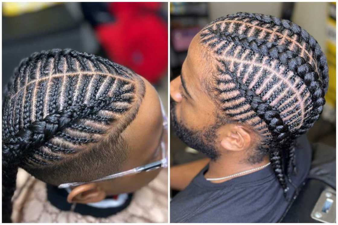 Guys showcasing intricate fishbone braided hair patterns Guys showcasing intricate fishbone braided hair patterns
