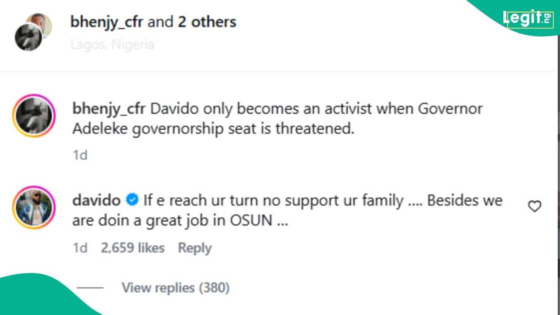 Davido trades words with Instagram user bhenjy_cfr over Governor Ademola Adeleke's achievements in Osun State