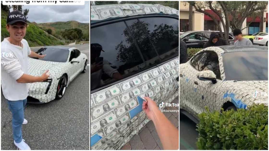 Car covered in dollars/People picked money. Car covered in dollars/People picked money.