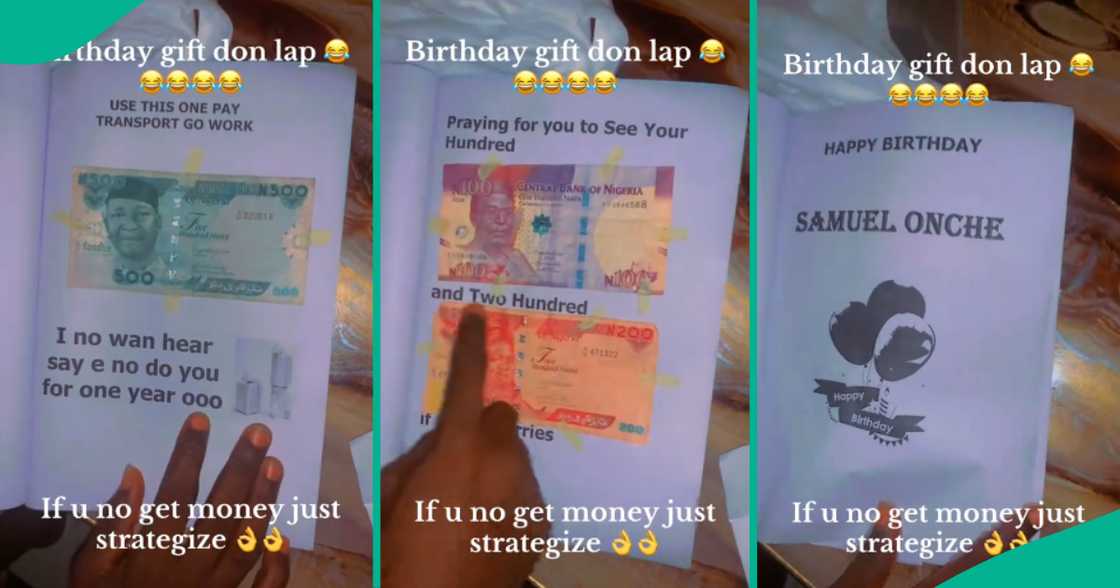 Man shows off book containing N500, stick sweets and vitamin C his sister gave him for his birthday Man shows off book containing N500, stick sweets and vitamin C his sister gave him for his birthday