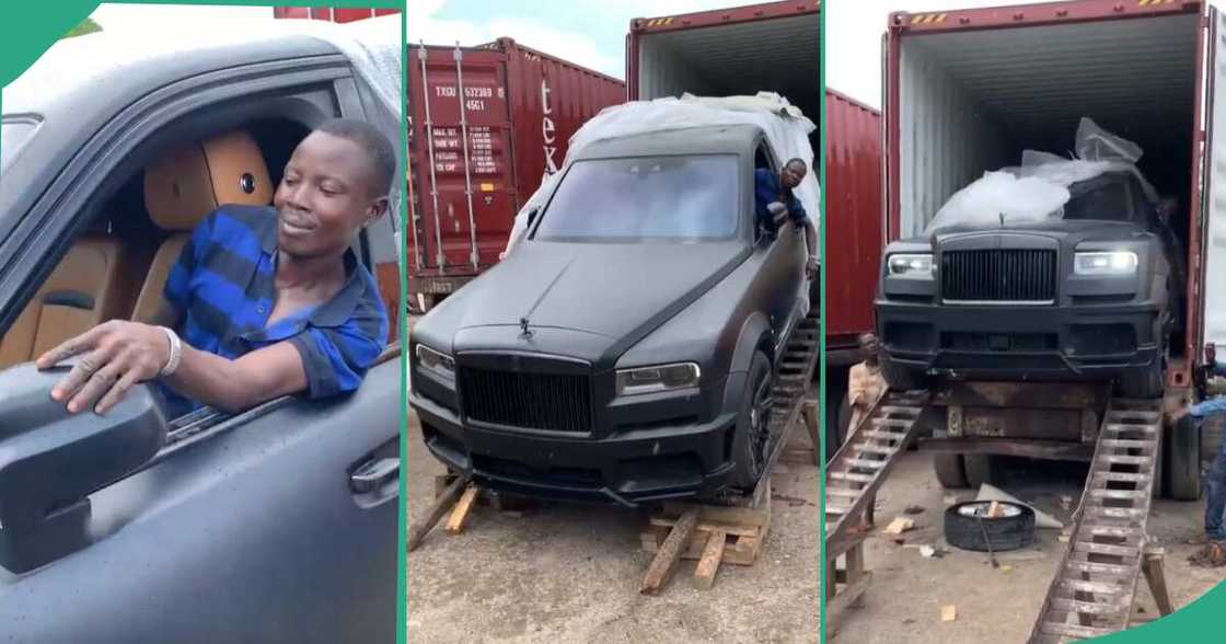 Man driving a Rolls Royce out of a container.