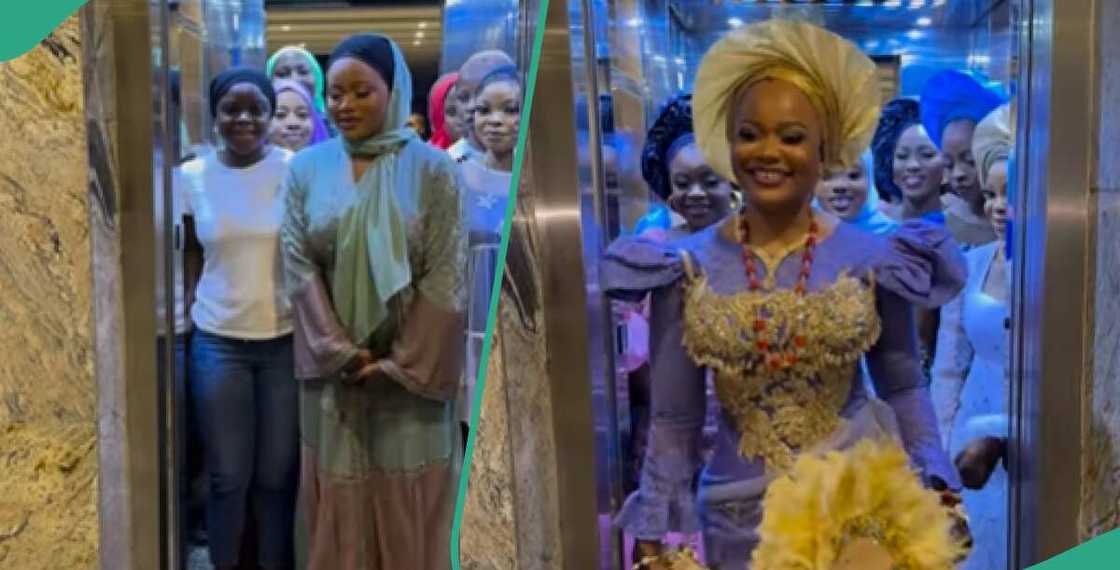 Bride and her asoebi ladies adorn different colours of dresses Bride and her asoebi ladies adorn different colours of dresses