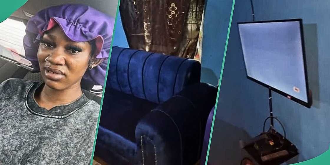 Nigerian lady makes parents proud with expensive parlour seats, television