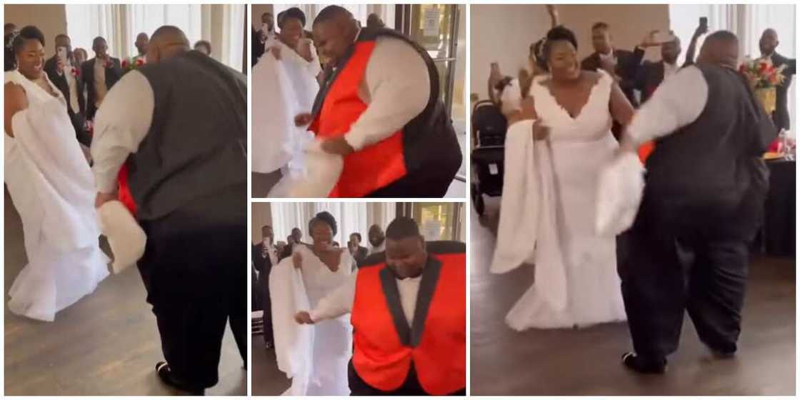 Mixed reactions as chubby groom and bride dazzle guests with shoulder dance moves Mixed reactions as chubby groom and bride dazzle guests with shoulder dance moves