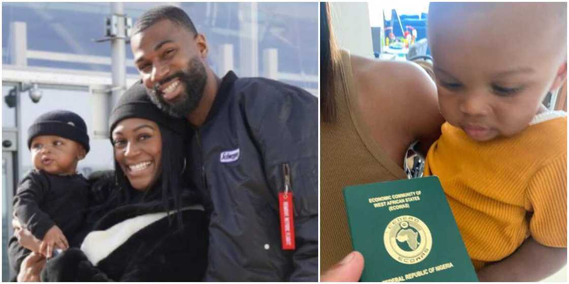 Mike's son looks at his passport Mike's son looks at his passport