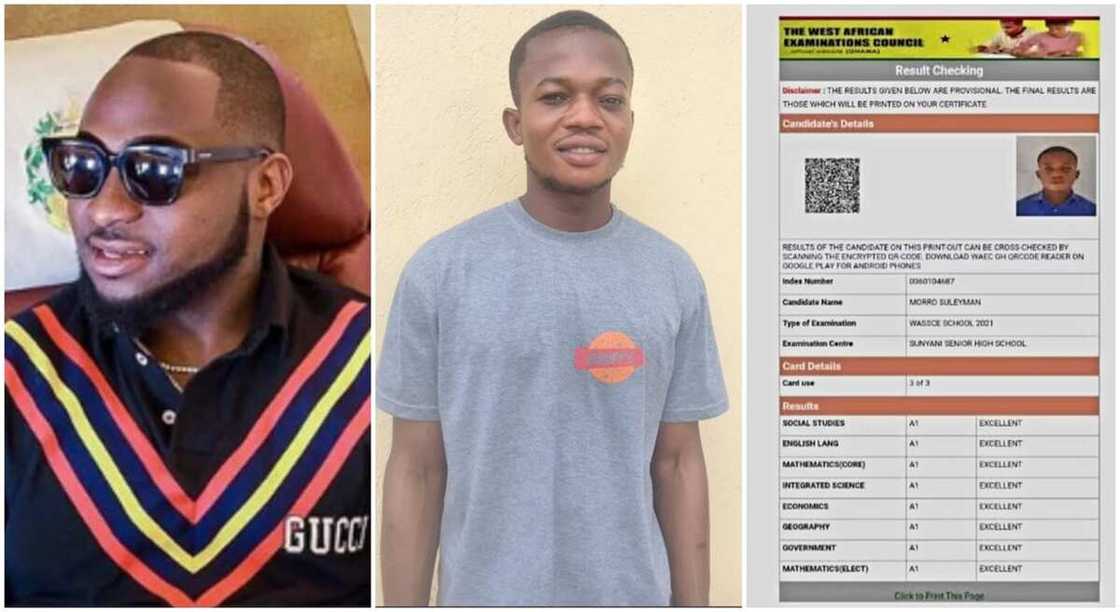 Davido and Morro Sulleyman who scored A1 parallel in his WAEC examination.