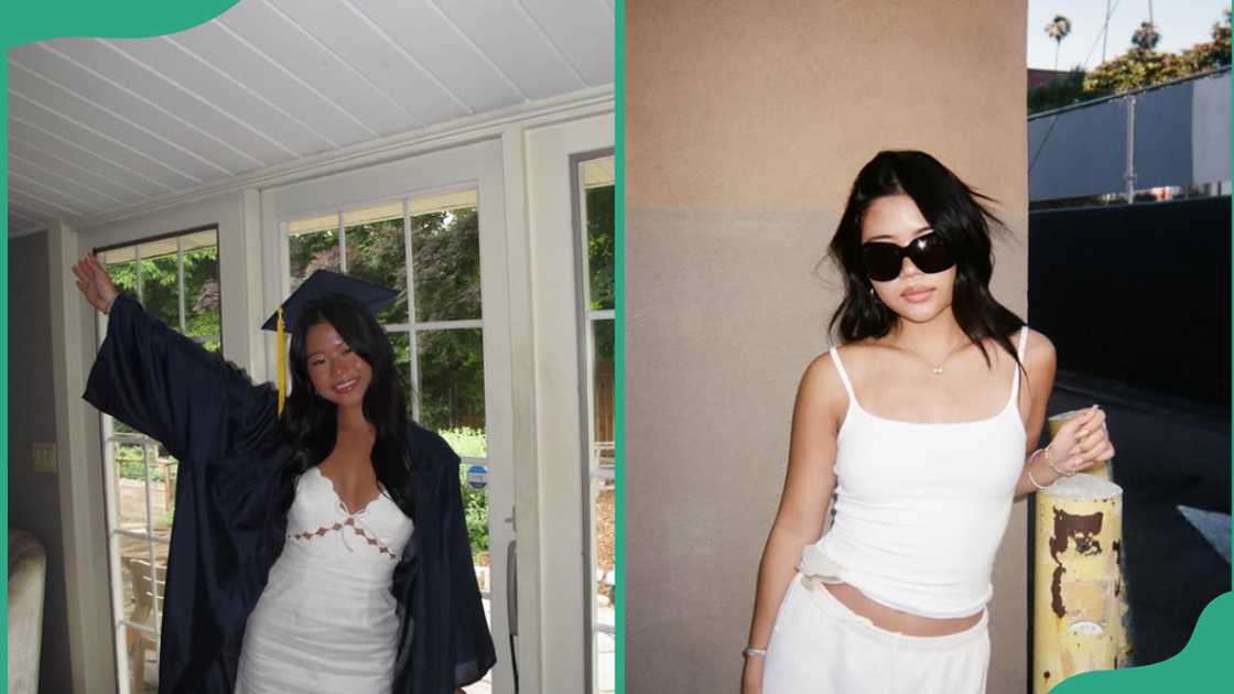 Emily Ha in her graduation outfit and in casual fit