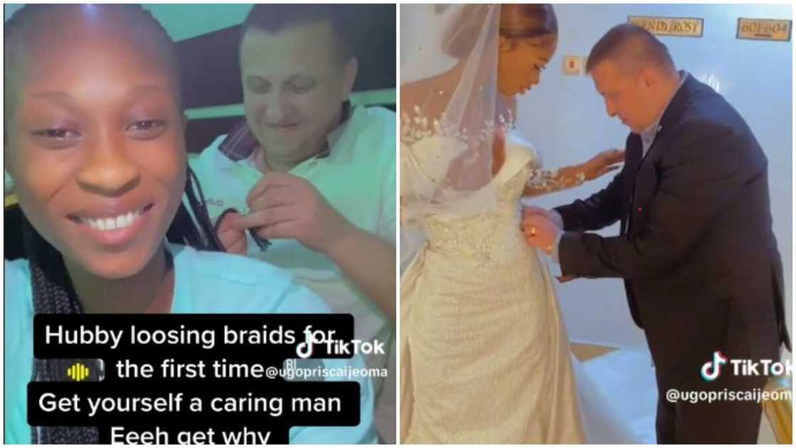 African lady shares heartwarming video of white hubby's deep affection. Photo Source: Tiktok African lady shares heartwarming video of white hubby's deep affection. Photo Source: Tiktok