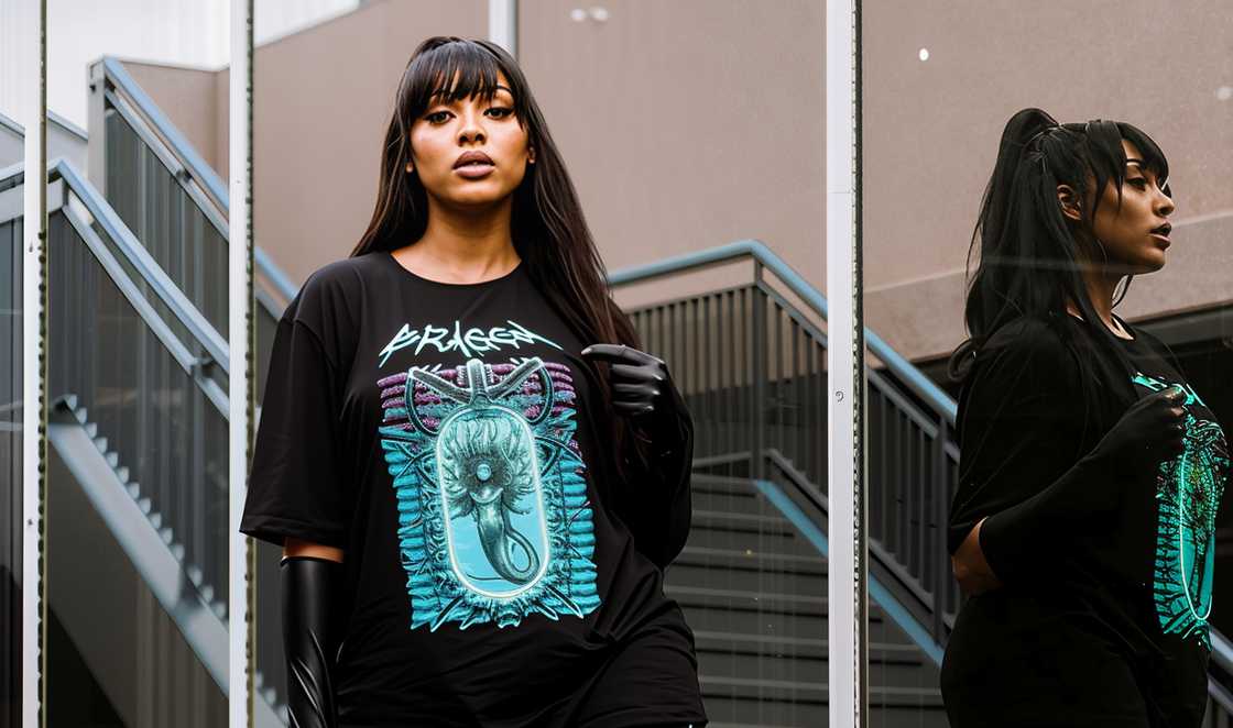 Nadia Nakai poses in a black Bragga shirt for Mercha. Nadia Nakai poses in a black Bragga shirt for Mercha.