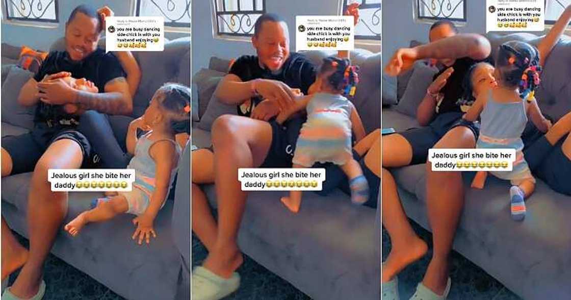 Little girl bites dad, side chick, jealousy Little girl bites dad, side chick, jealousy