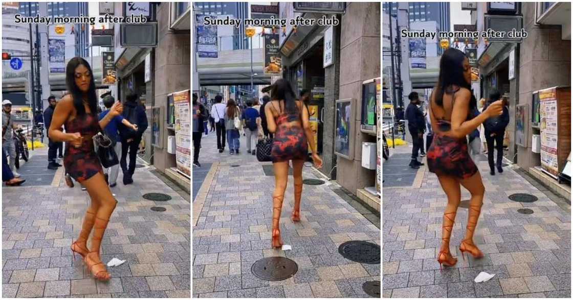 Tall beautiful lady in heels, lady in short dress dances, shakes waist on Japan street Tall beautiful lady in heels, lady in short dress dances, shakes waist on Japan street
