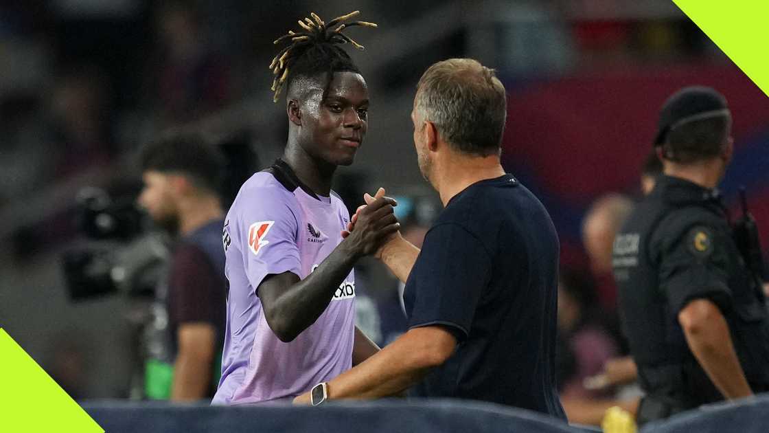 Nico Williams and Hansi Flick held a brief interaction after Barcelona edged Athletic Club in La Liga. Nico Williams and Hansi Flick held a brief interaction after Barcelona edged Athletic Club in La Liga.