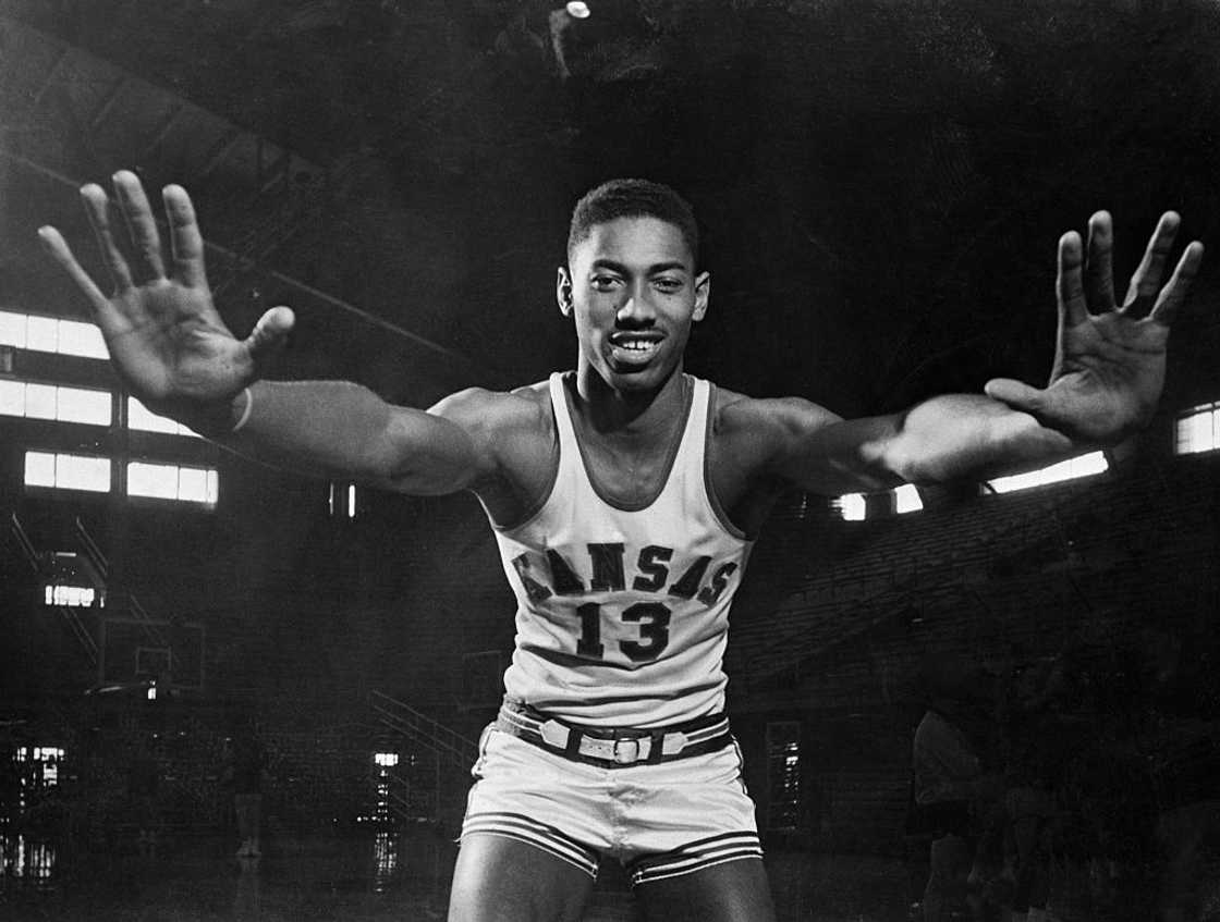 Wilt Chamberlain displays the mitts during Kansas' first twenty game seasons in 1971 Wilt Chamberlain displays the mitts during Kansas' first twenty game seasons in 1971