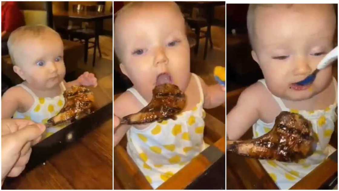 The baby really loves the sight of the fried meat. The baby really loves the sight of the fried meat.
