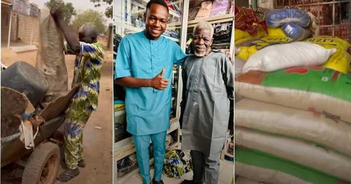 Man helps elderly truck pusher Man helps elderly truck pusher