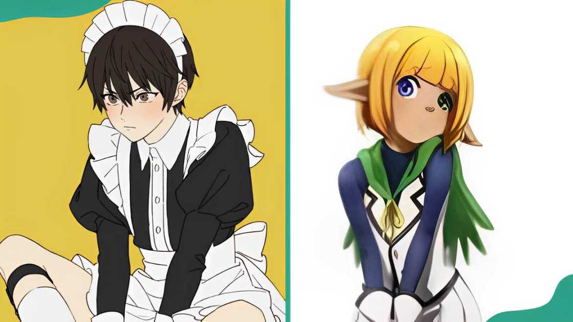 Jun Watarase wearing a maid outfit (L). The character in blue and white attire (R) Jun Watarase wearing a maid outfit (L). The character in blue and white attire (R)