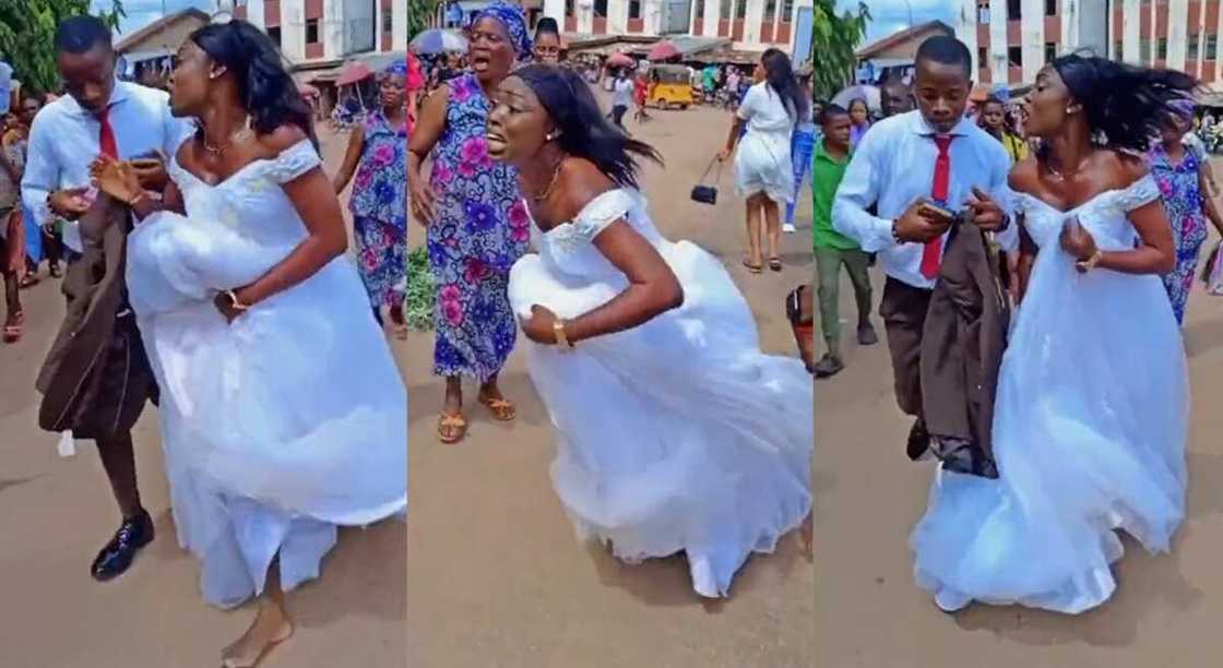 Photos of a bride running after her groom on their wedding day. Photos of a bride running after her groom on their wedding day.
