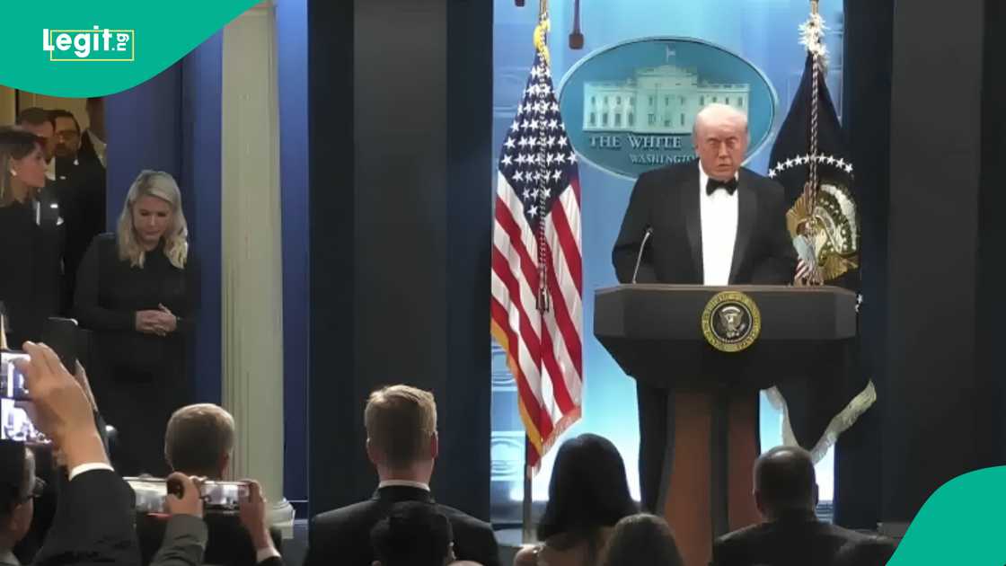 US President Donald Trump speaks at a press conference following a security incident at the White House Correspondents’ Dinner, praising the Secret Service and law enforcement for their swift response.