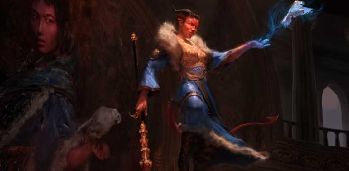 Mephistopheles Tiefling holds a rod as he releases a bird Mephistopheles Tiefling holds a rod as he releases a bird