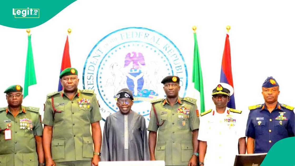 President Bola Tinubu with Nigeria’s security chiefs amid rising security concerns in the country.
