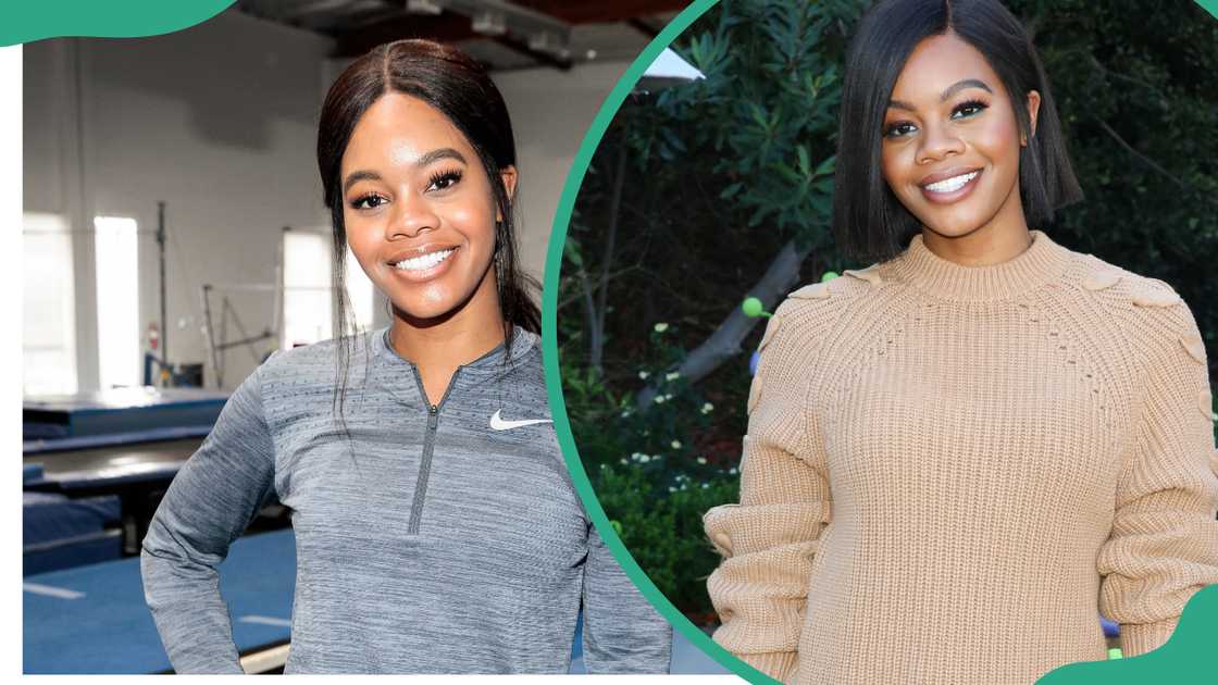 Douglas teaches Pharoah gymnastics on the IMDb Series in Los Angeles (L). She is seen at Universal Studios Hollywood in Universal City, California (R).